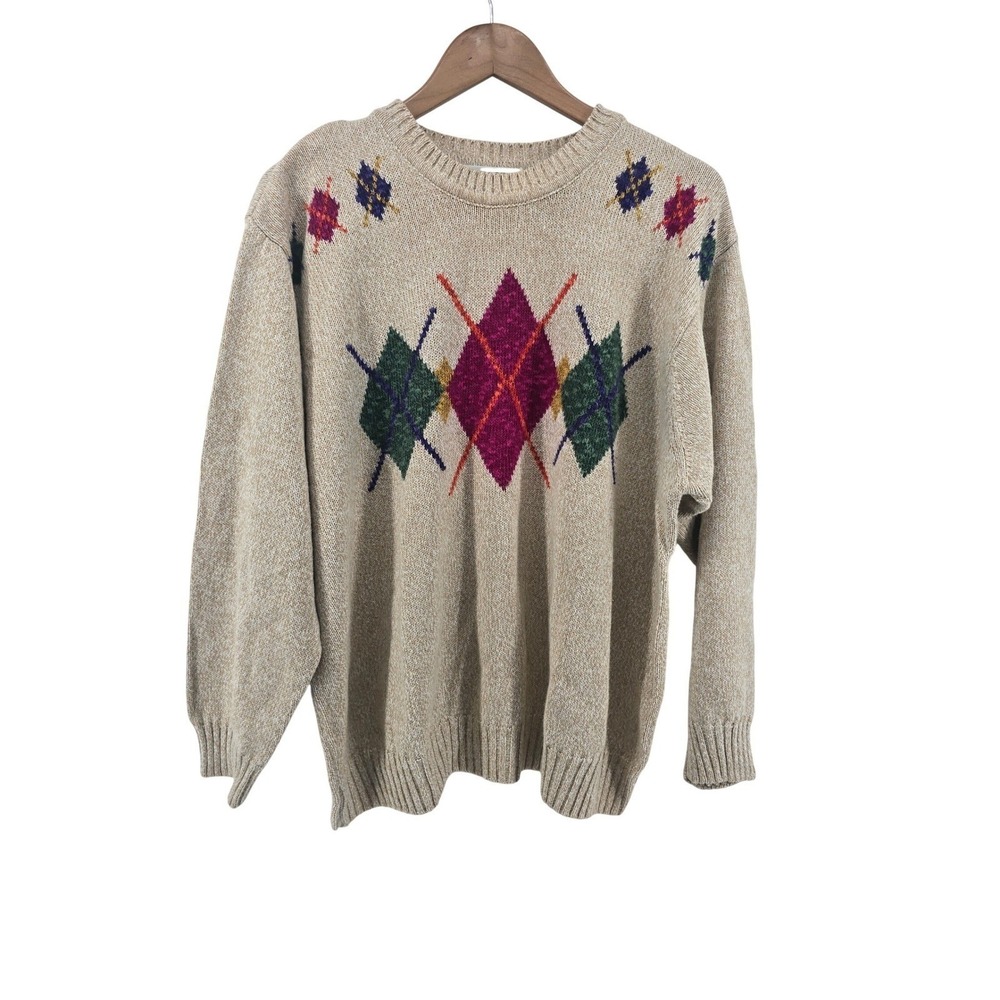 Elisabeth Liz Claiborne Sweater Womens 1 Beige Argyle Ramie Cotton Vintage 90s